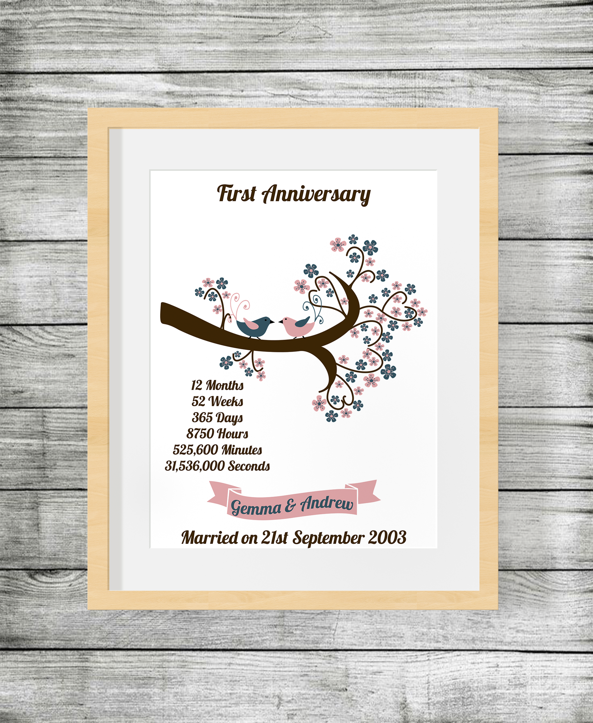  First  Wedding  Anniversary  Personalised Print with Birds 