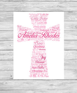 Personalised Bespoke Pink Cross Christening Word Art Print