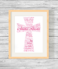 Personalised Bespoke Pink Cross Christening Word Art Print