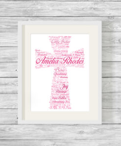 Personalised Bespoke Pink Cross Christening Word Art Print