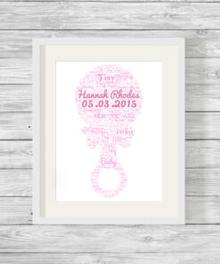Personalised Bespoke Pink Rattle Baby Word Art Print