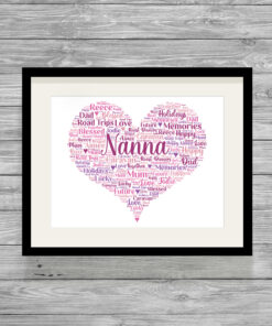 Personalised Nanna Heart Word Art Picture Print Frame