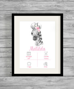 Personalised Safari Zebra Girl's Birth Announcement Frame