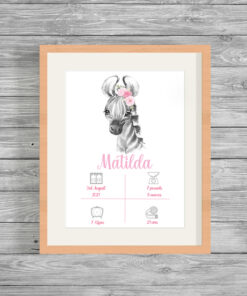 Personalised Safari Zebra Girl's Birth Announcement Frame