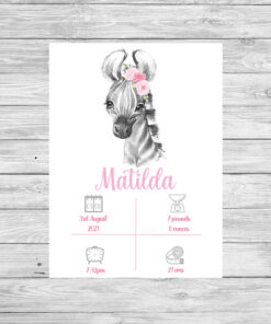 Personalised Safari Zebra Girl's Birth Announcement Frame