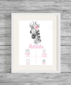 Personalised Safari Zebra Girl's Birth Announcement Frame