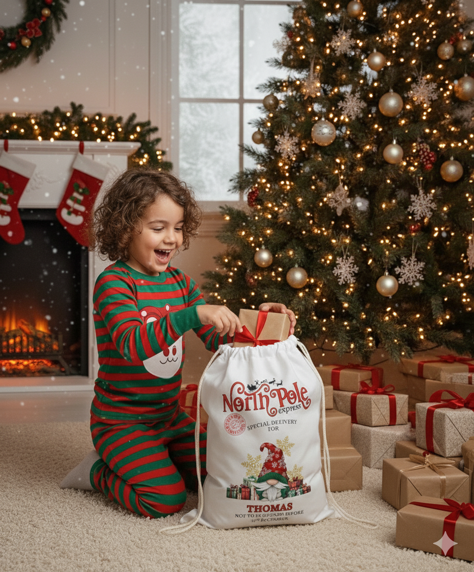 Personalised Gonk Christmas Gift Sack | Linen Xmas Eve Bag Red