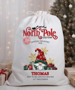Personalised Gonk Christmas Gift Sack | Linen Xmas Eve Bag Red