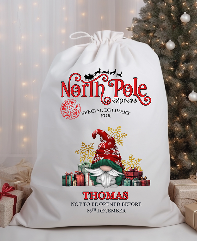 Personalised Gonk Christmas Gift Sack | Linen Xmas Eve Bag Red