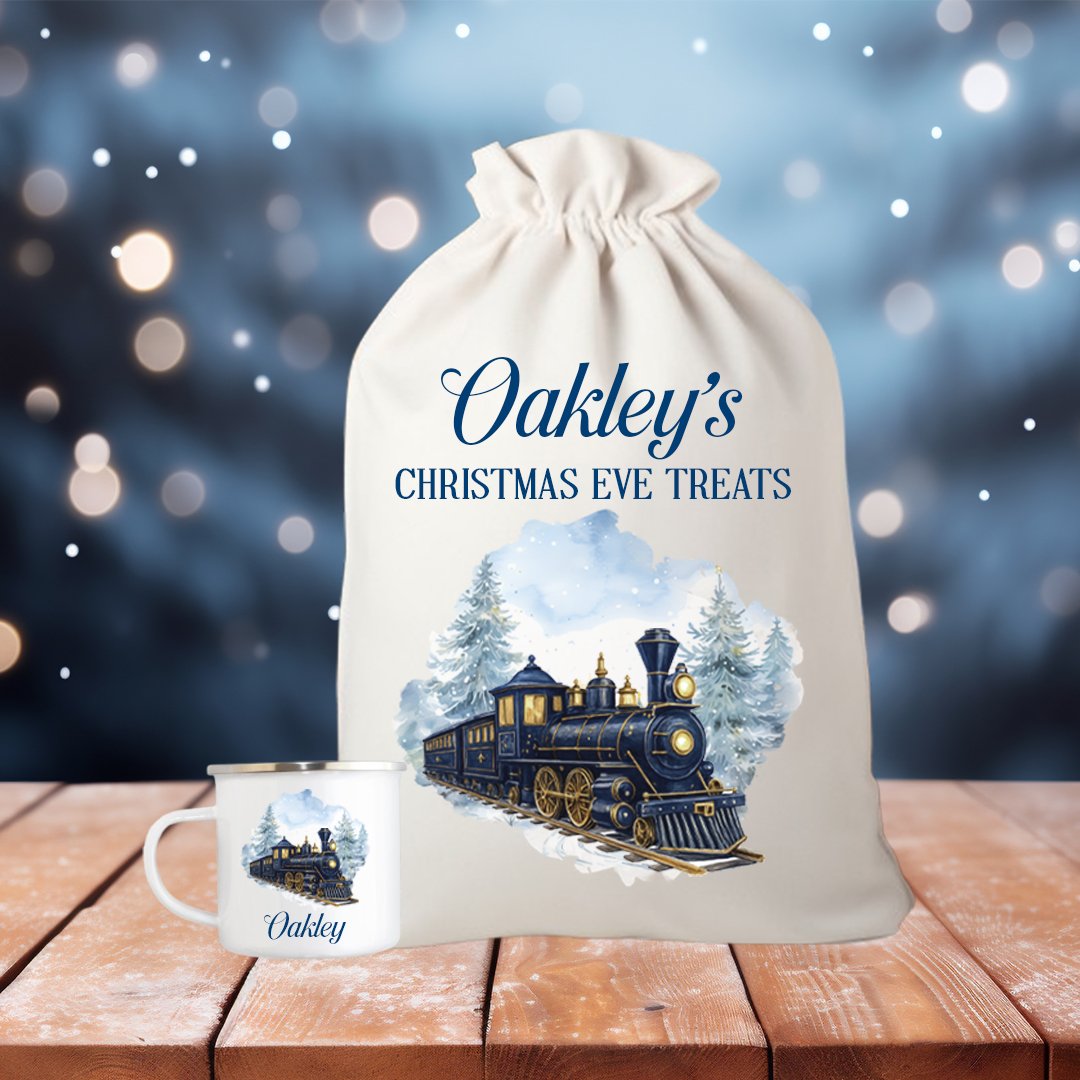 Personalised Train Christmas Gift Sack | Linen Xmas Eve Bag Navy