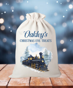 Personalised Train Christmas Gift Sack | Linen Xmas Eve Bag Navy