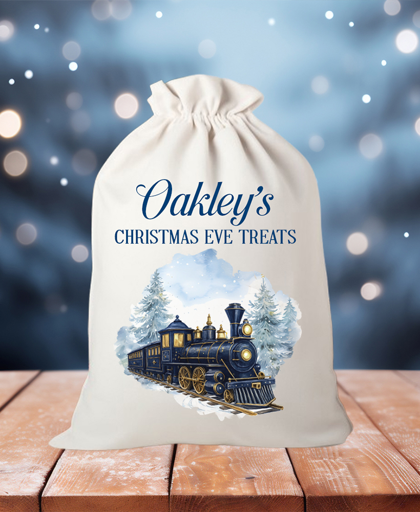 Personalised Train Christmas Gift Sack | Linen Xmas Eve Bag Navy