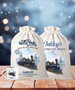 Personalised Train Christmas Gift Sack | Linen Xmas Eve Bag Navy