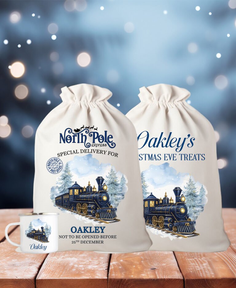 Personalised Train Christmas Gift Sack | Linen Xmas Eve Bag Navy