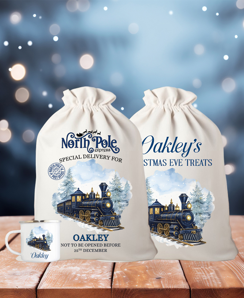 Personalised Train Christmas Gift Sack | Linen Xmas Eve Bag Navy