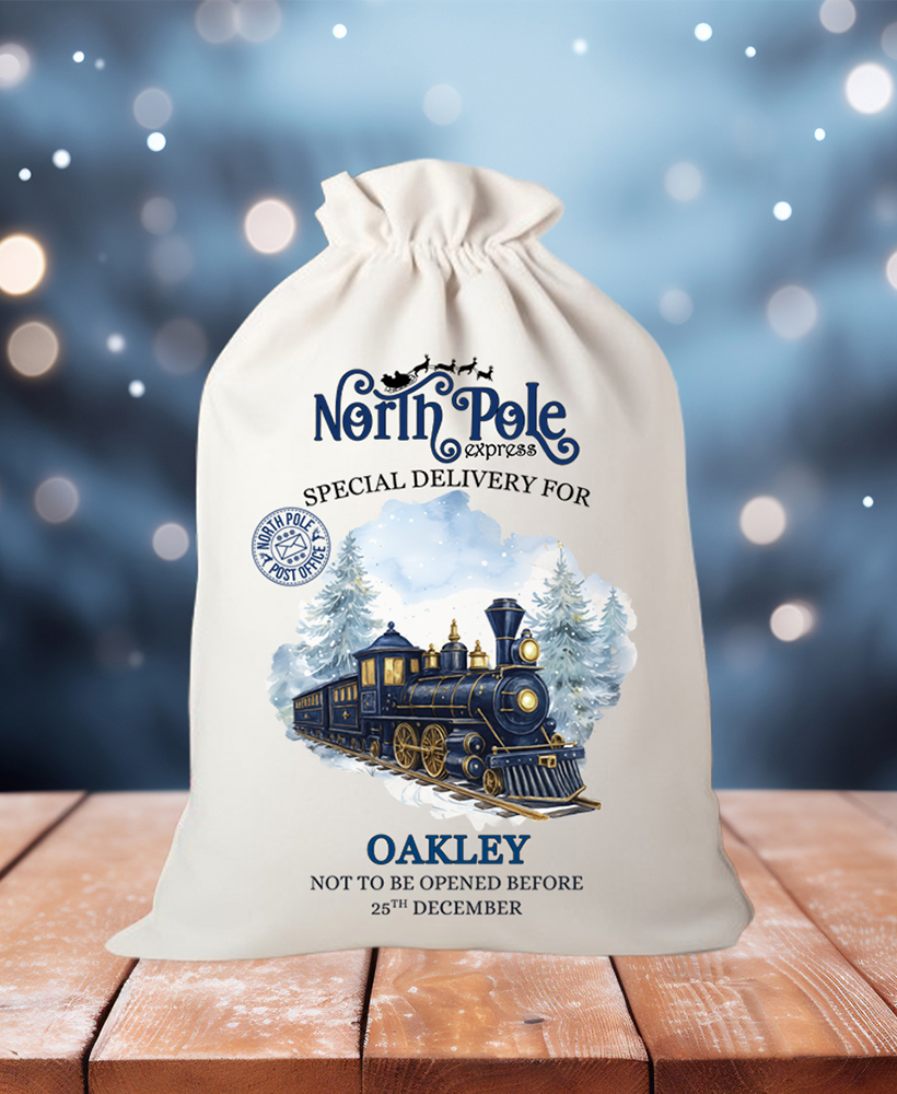 Personalised Train Christmas Gift Sack | Linen Xmas Eve Bag Navy