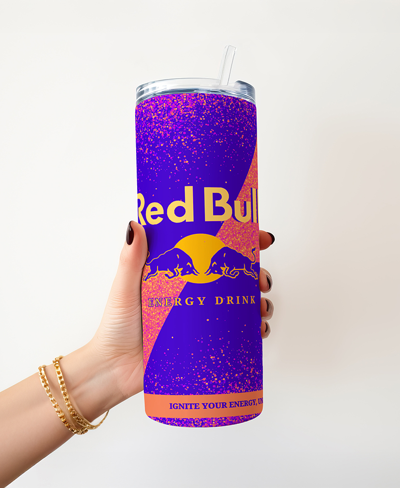 Personalised Purple Red Bull-Style 20oz Skinny Insulated Tumbler with Metal Straw & Splash-Proof Lid