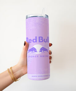 Personalised Purple Red Bull-Style 20oz Skinny Insulated Tumbler with Metal Straw & Splash-Proof Lid