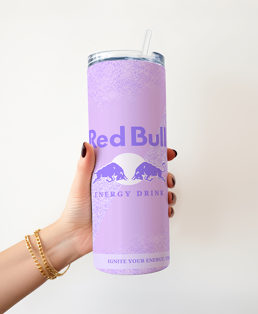 Personalised Purple Red Bull-Style 20oz Skinny Insulated Tumbler with Metal Straw & Splash-Proof Lid