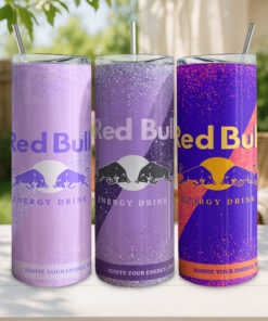 Personalised Purple Red Bull-Style 20oz Skinny Insulated Tumbler with Metal Straw & Splash-Proof Lid