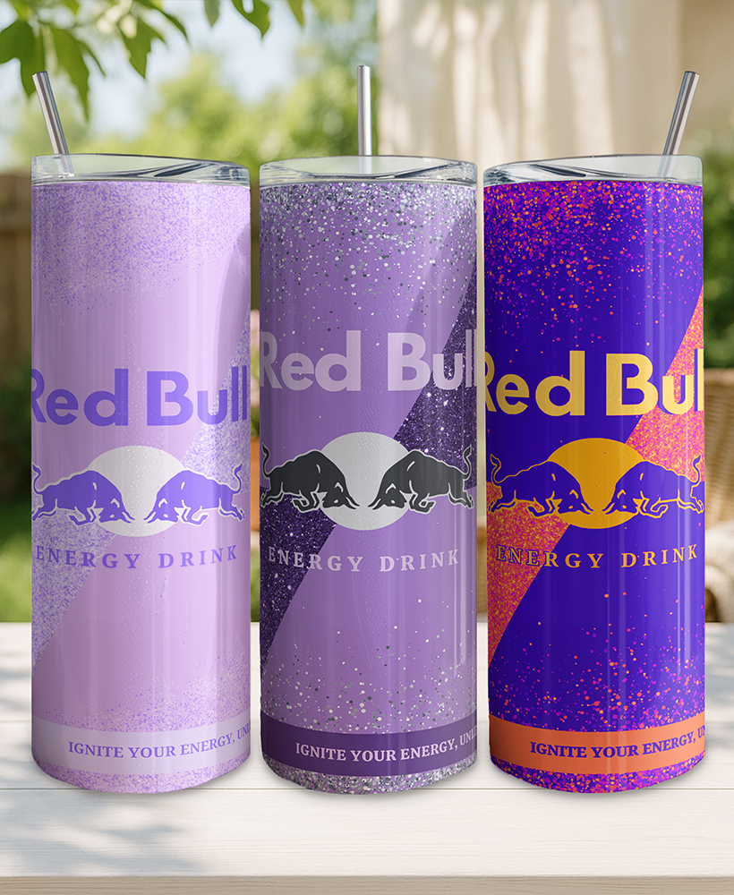 Personalised Purple Red Bull-Style 20oz Skinny Insulated Tumbler with Metal Straw & Splash-Proof Lid
