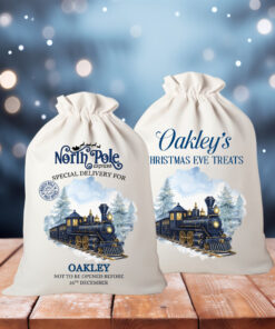 Alternative view of Personalised Train Christmas Gift Sack | Linen Xmas Eve Bag Navy