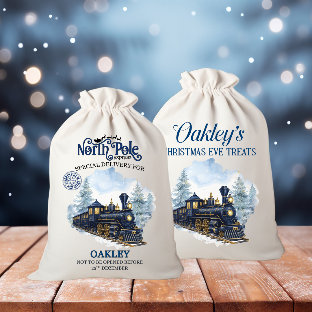 Personalised Train Christmas Gift Sack | Linen Xmas Eve Bag Navy - Image 2