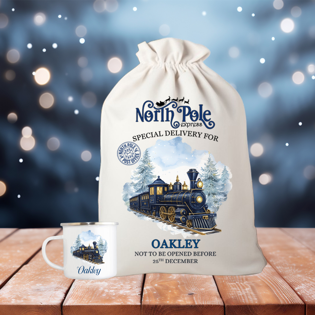 Personalised Train Christmas Gift Sack | Linen Xmas Eve Bag Navy