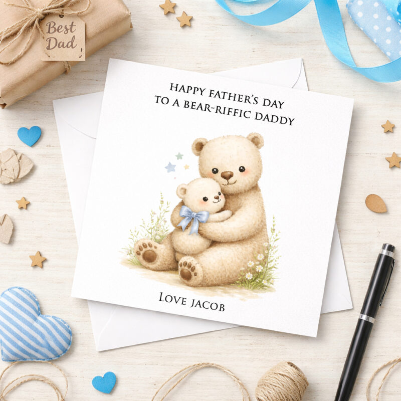 Daddy & Baby Bear Personalised Greetings Card (Blue)