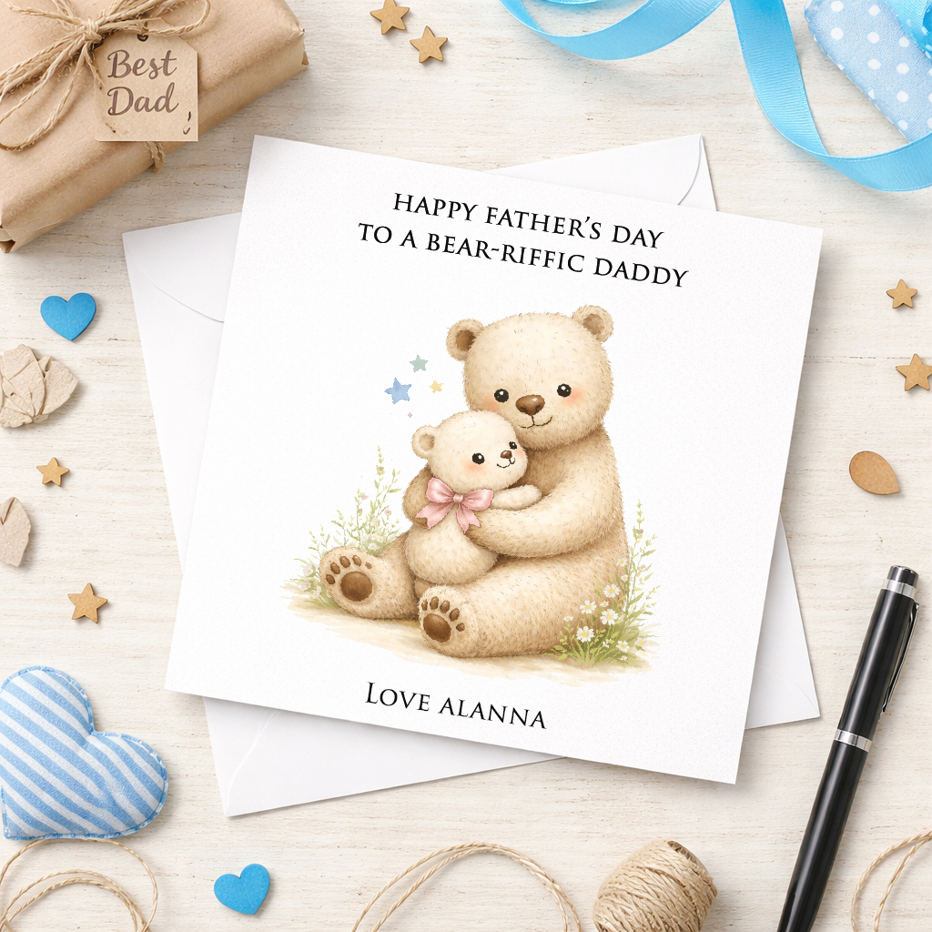 Daddy & Baby Bear Personalised Greetings Card (Pink)