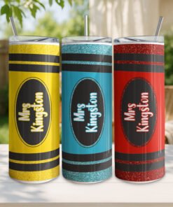 Personalised Teacher Crayon Insulated Tumbler/ Water Bottle with Metal Straw & Splash-Proof Lid