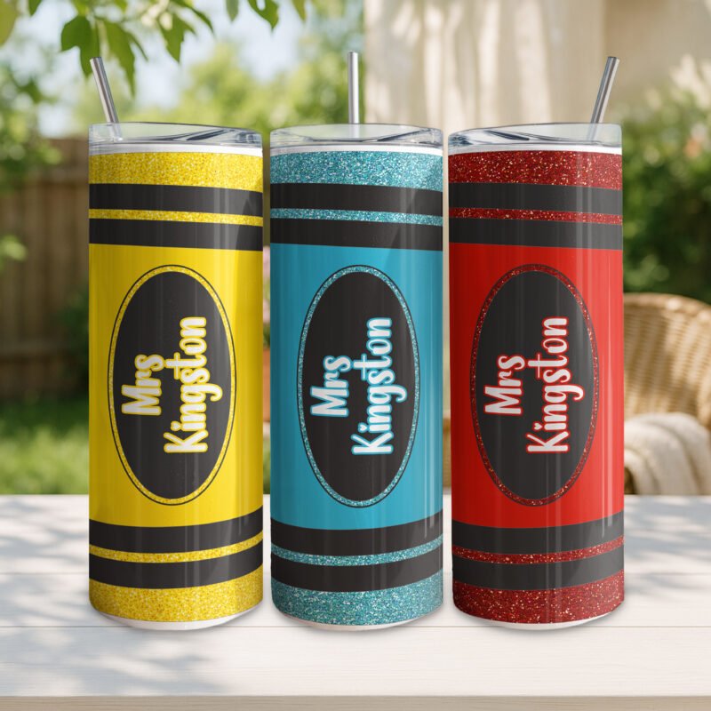Personalised Teacher Crayon Insulated Tumbler/ Water Bottle with Metal Straw & Splash-Proof Lid