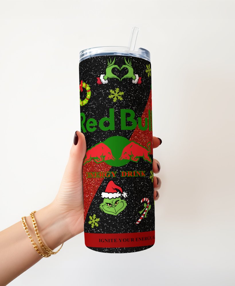 Personalised Christmas Grinch Red Bull-Style 20oz Skinny Insulated Tumbler