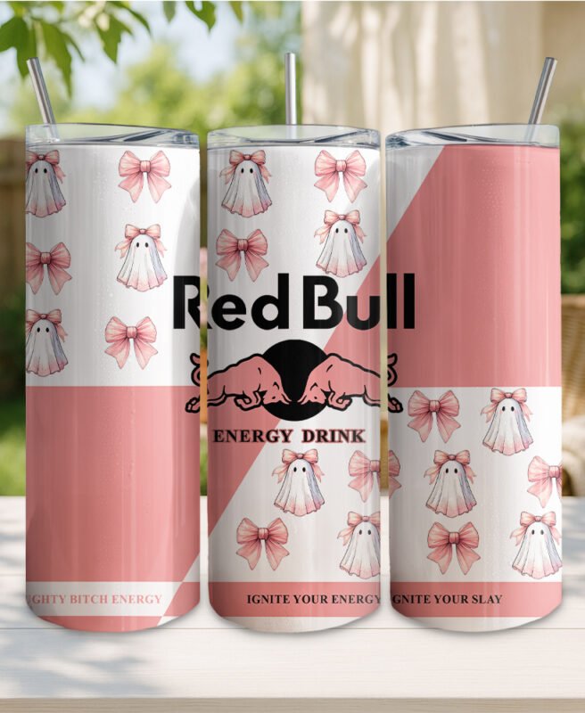 Personalised Halloween Red Bull-Style 20oz Skinny Insulated Tumbler with Metal Straw & Splash-Proof Lid
