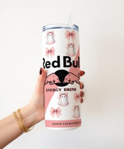 Personalised Halloween Red Bull-Style 20oz Skinny Insulated Tumbler with Metal Straw & Splash-Proof Lid