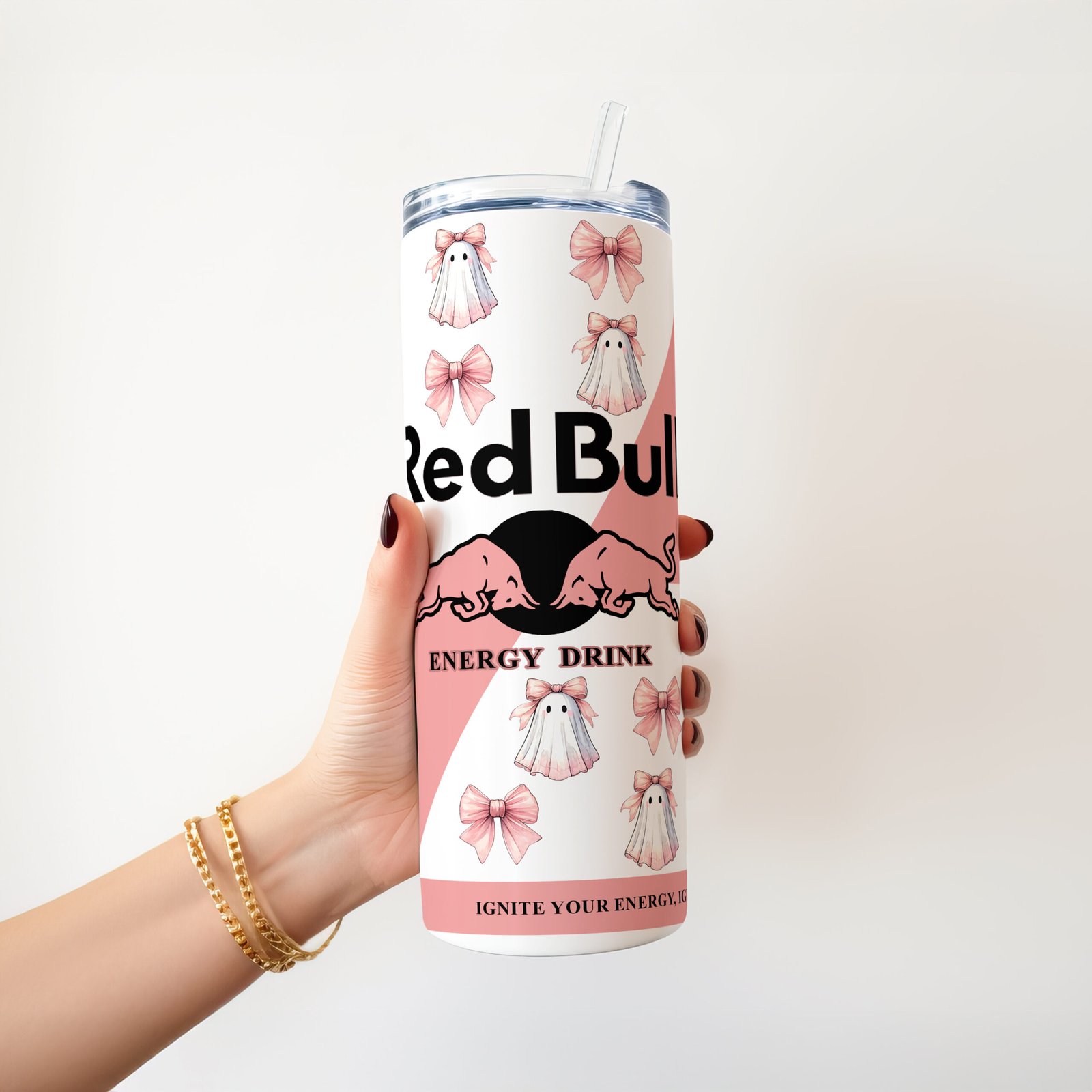 Personalised Halloween Red Bull-Style 20oz Skinny Insulated Tumbler with Metal Straw & Splash-Proof Lid