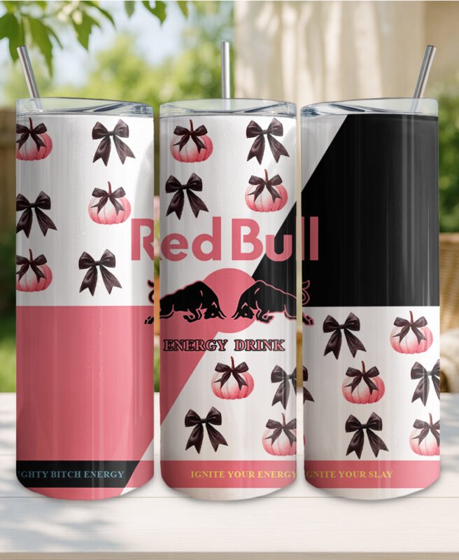 Personalised Halloween Red Bull-Style 20oz Skinny Insulated Tumbler with Metal Straw & Splash-Proof Lid