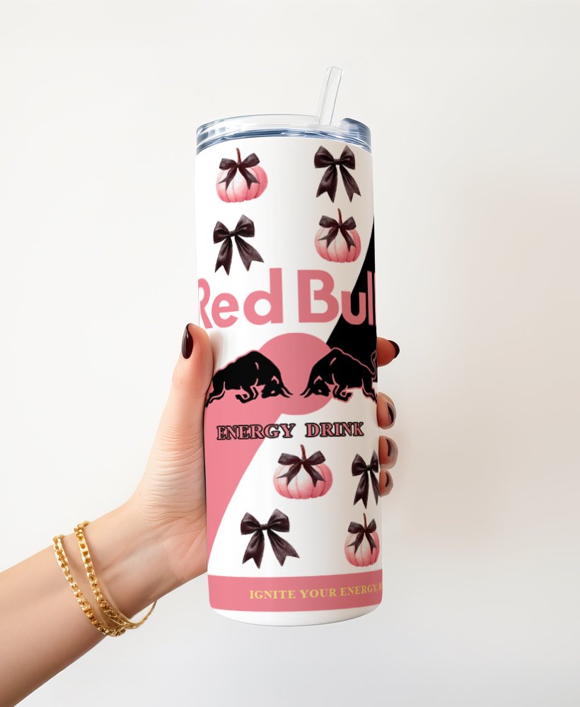 Personalised Halloween Red Bull-Style 20oz Skinny Insulated Tumbler with Metal Straw & Splash-Proof Lid
