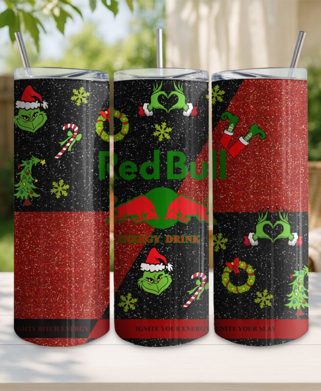 Personalised Christmas Grinch Red Bull-Style 20oz Skinny Insulated Tumbler