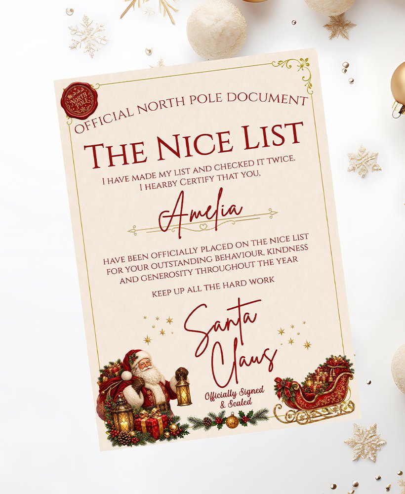Santa's Nice List Certificate Personalised with your Name