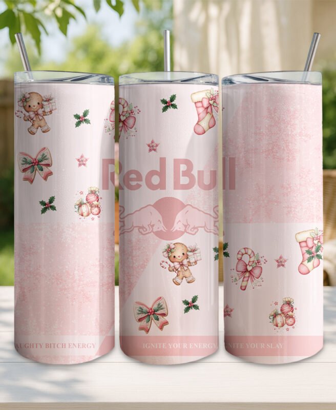 Personalised Pink Christmas Red Bull-Style 20oz Skinny Insulated Tumbler